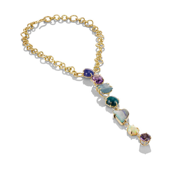 Tanzanite, Amethyst, Aquamarine, Apatite, Blue Australian Boulder Opal, & Ethiopian Opal Drop Choker Necklace 18k Yellow Gold