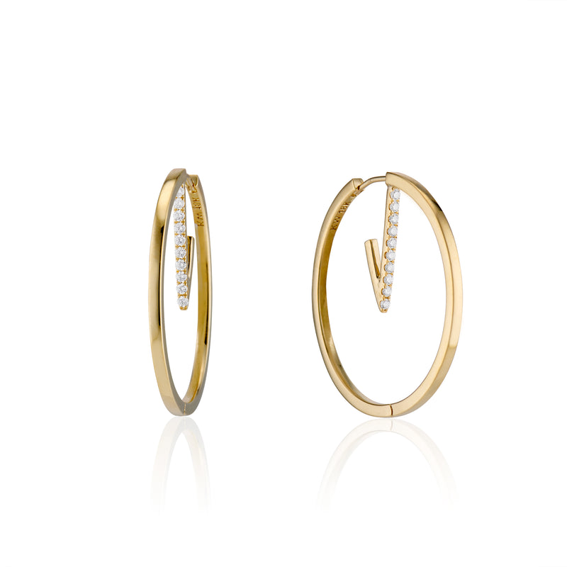 LARGE DOUBLE HOOP TRIANGLE PAVE EARRINGS   18K YELLOW GOLD