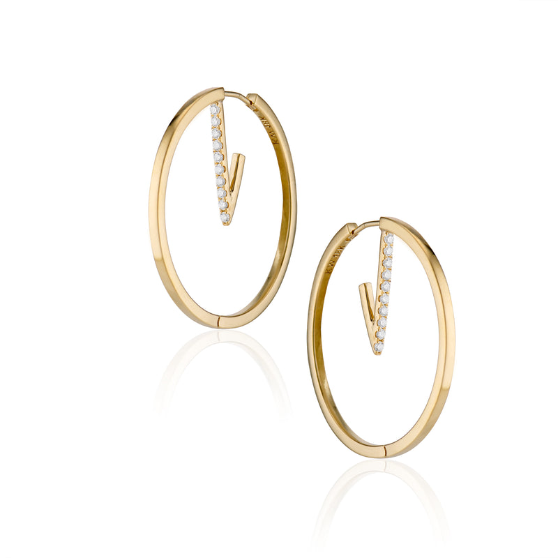LARGE DOUBLE HOOP TRIANGLE PAVE EARRINGS   18K YELLOW GOLD