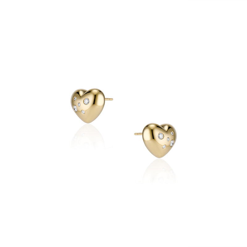 LARGE PUFFY SCATTERED DIAMOND HEART EARRINGS 18K YELLOW GOLD