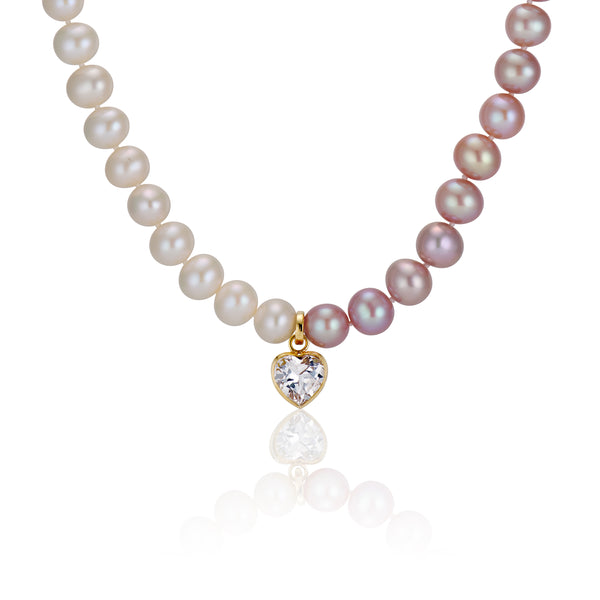 WHITE & PINK FRESHWATER PEARL NECKLACE WITH DETACHABLE SMALL WHITE TOPAZ HEART PENDANT 18K YELLOW GOLD.