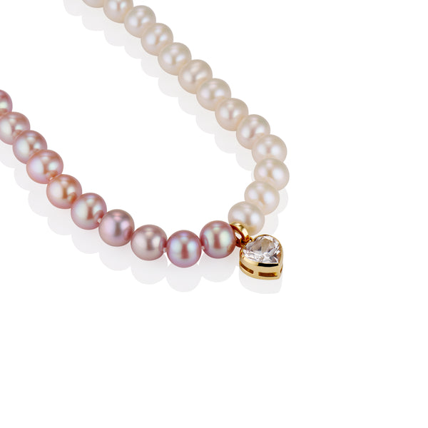 WHITE & PINK FRESHWATER PEARL NECKLACE WITH DETACHABLE SMALL WHITE TOPAZ HEART PENDANT 18K YELLOW GOLD.