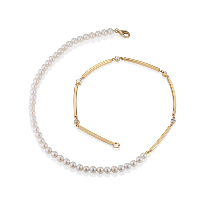 WHITE FRESHWATER PEARL & DIAMOND GOLD BAR NECKLACE 18K YELLOW GOLD