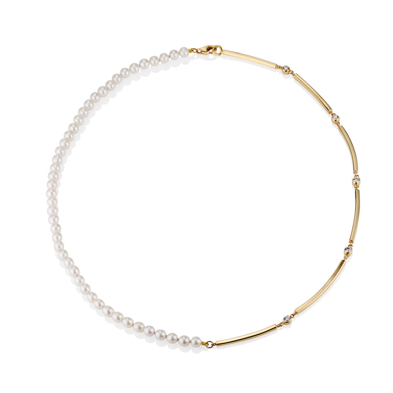 WHITE FRESHWATER PEARL & DIAMOND GOLD BAR NECKLACE 18K YELLOW GOLD