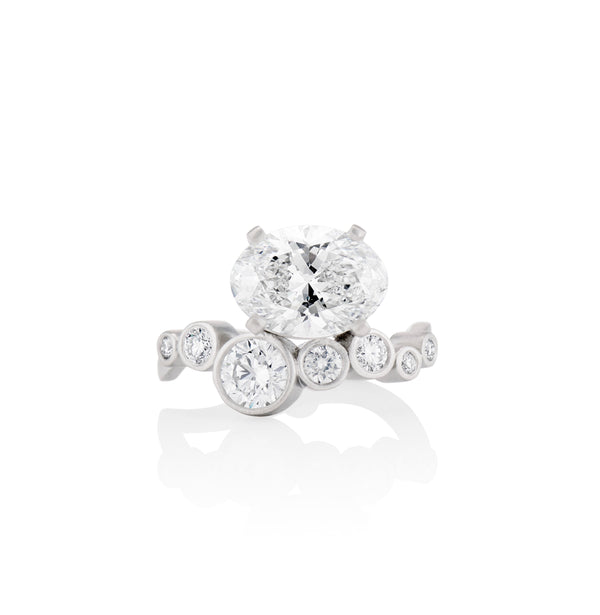 Oval diamond engagement ring, custom bridal, diamond eternity band, oval prong set diamond, 2.5 ct natural diamond, round diamond engagement ring, platinum , handcrafted fine jewelry, modern engagement ring 