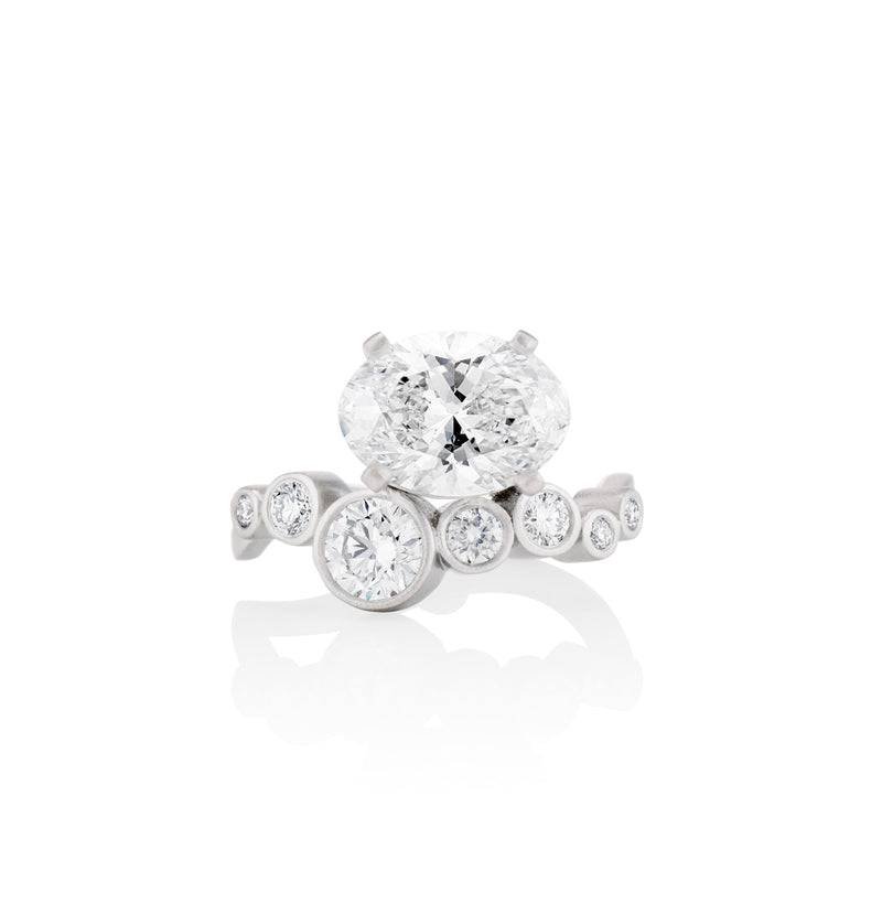 Oval diamond engagement ring, custom bridal, diamond eternity band, oval prong set diamond, 2.5 ct natural diamond, round diamond engagement ring, platinum , handcrafted fine jewelry, modern engagement ring 