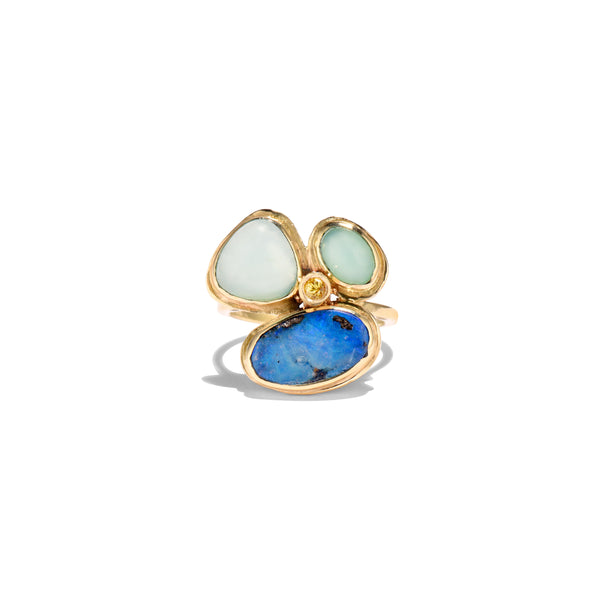 Australian Boulder Opal, Peruvian Blue Opal, & Montana Sapphire Flower Ring 18k Yellow Gold
