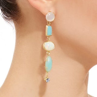 Peruvian Blue Opal, Ethiopian Opal, Moonstone, & Tanzanite Drop Earrings 18k Yellow Gold