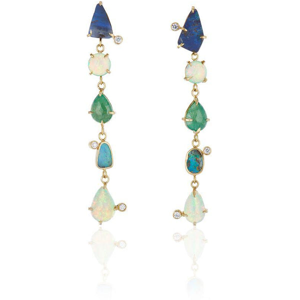 best colored stone gold drop earrings couture fine jewelry hand crafted kardashian 18K Gold Emerald Opal and Diamond Long Earrings