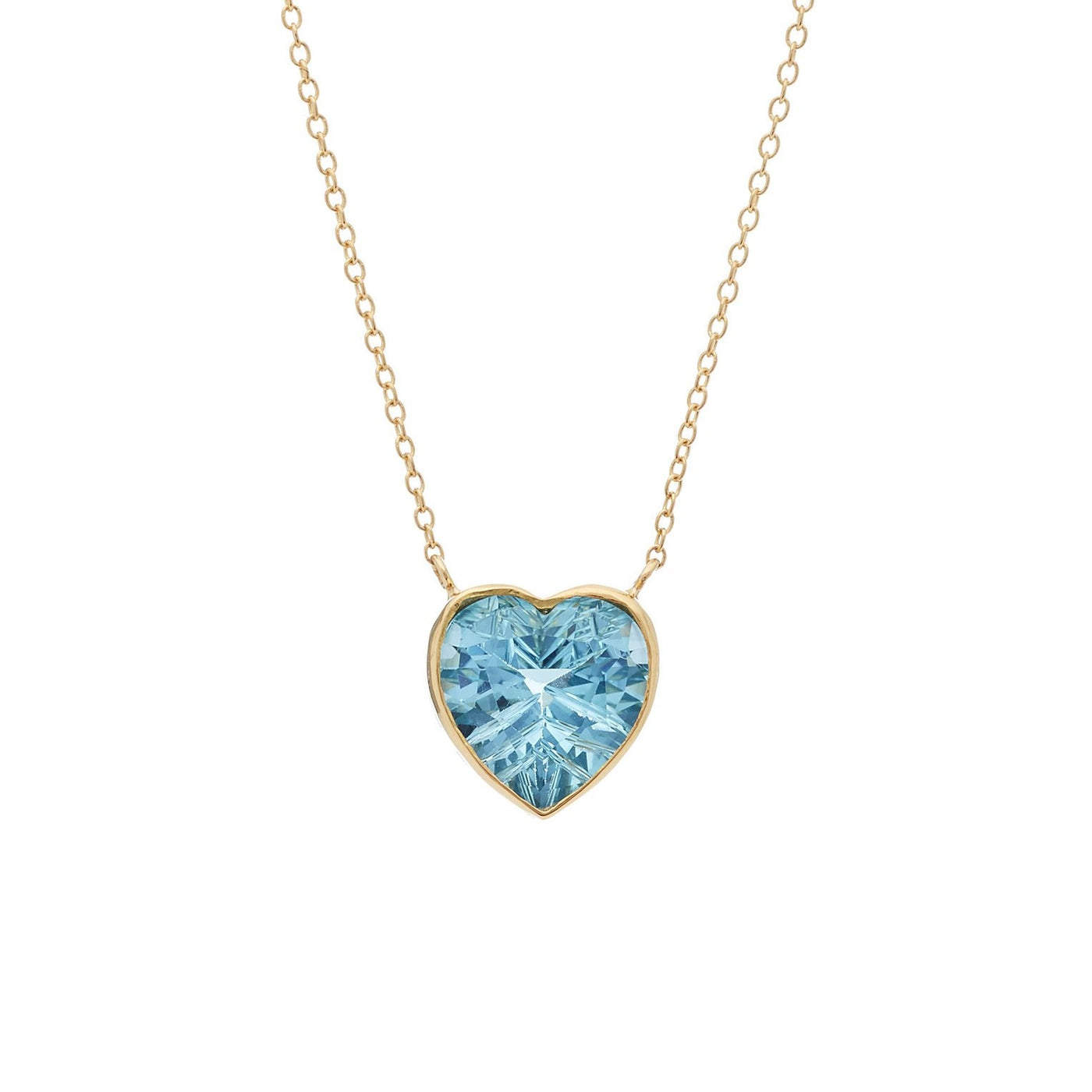 Blue Topaz Large Heart Bezel Necklace 18k Yellow Gold