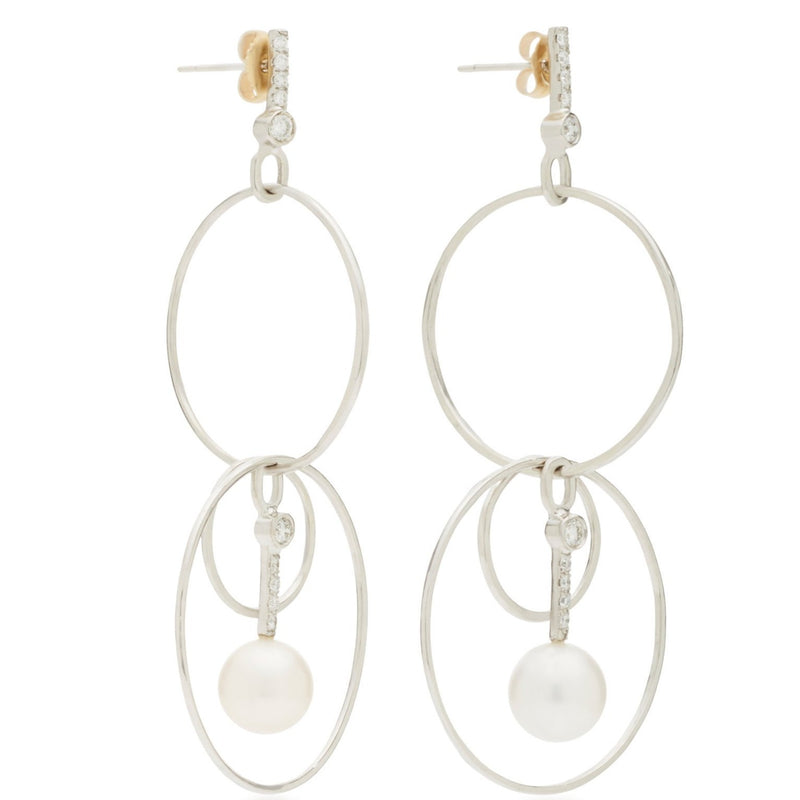 Pearl & Diamond Drop Hoop Earrings 18k White Gold