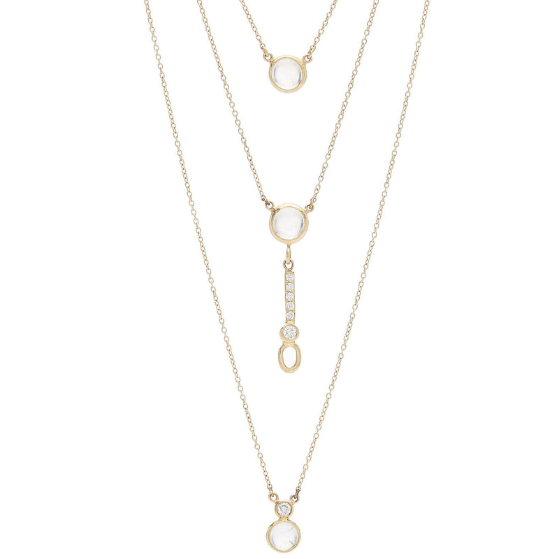 Triple Layer Rainbow Moonstone & Diamond Necklace 18k Yellow Gold