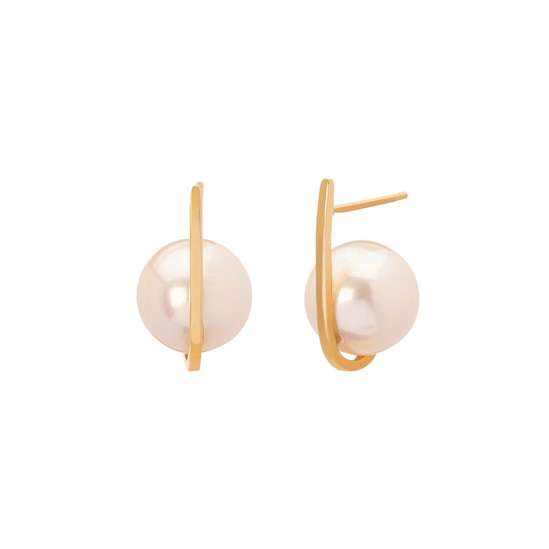 Curved Tuck Stud White Pearl Earrings 18k Yellow Gold Large