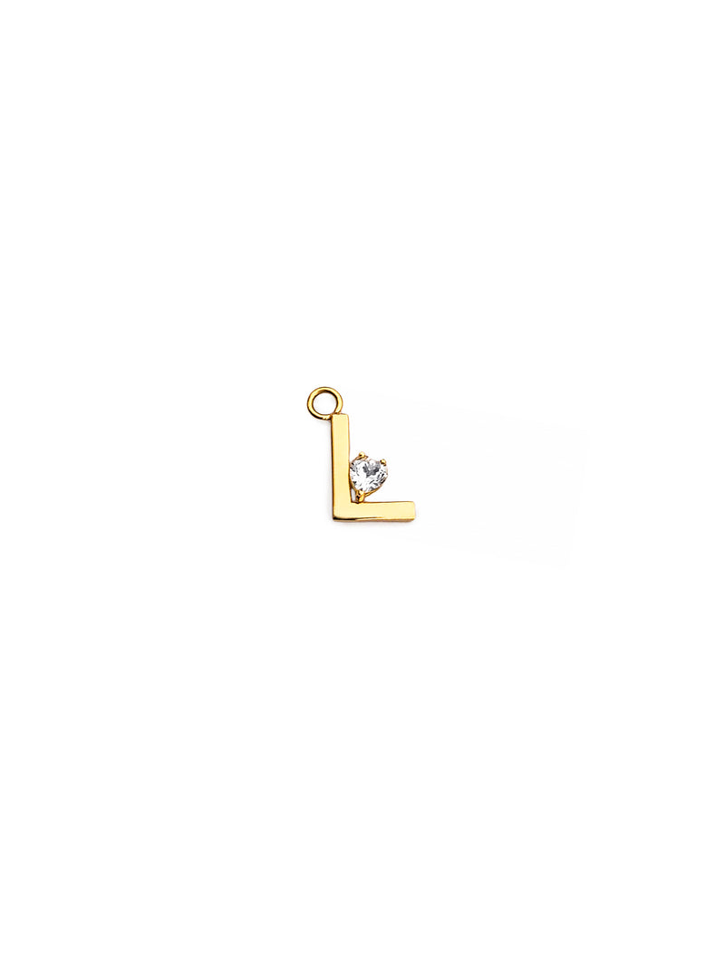 “L” White Topaz Heart Initial Charm 18k Yellow Gold