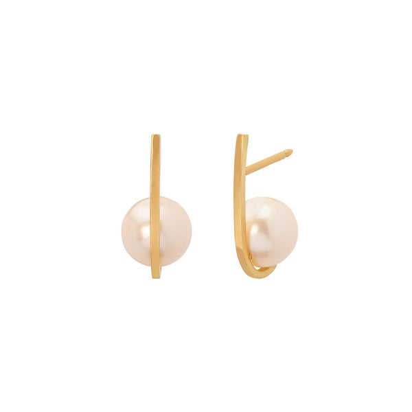 Curved Tuck Studs White Pearl 18k Yellow Gold Medium