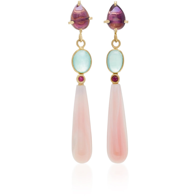 Amethyst, Peruvian Blue Opal, Ruby, & Pink Conch Drop Earrings 18K yel ...