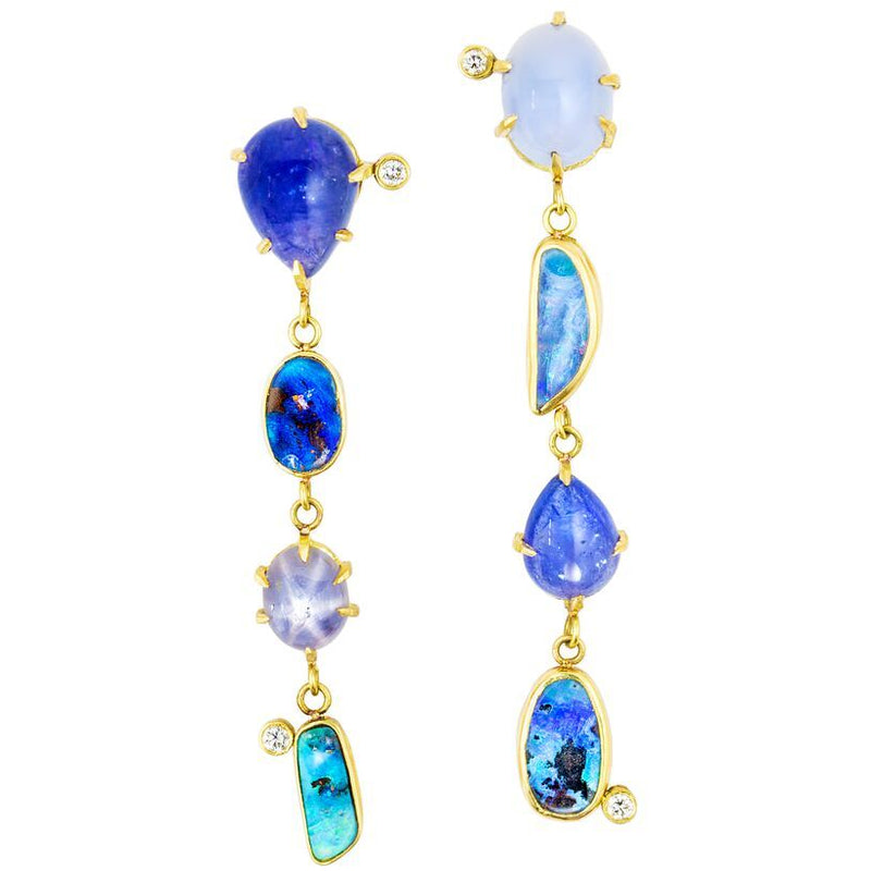 best colored stone gold drop earrings couture fine jewelry hand crafted kardashian 18K Gold Emerald Opal and Diamond Long Earrings
